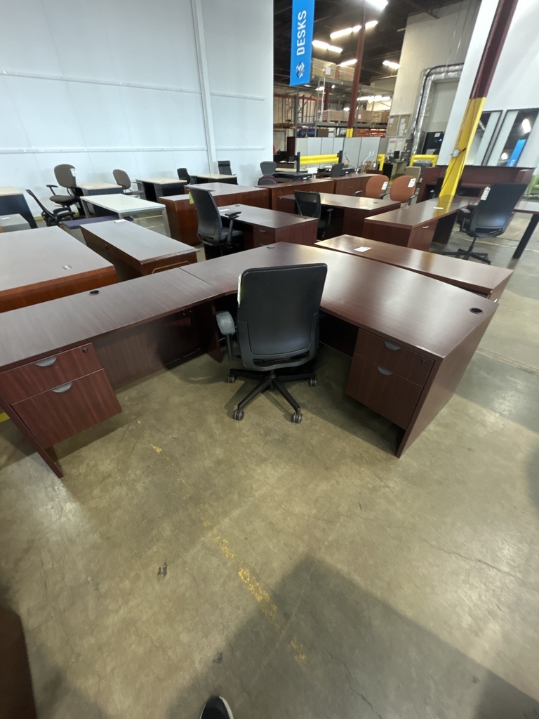 36x72 L-Desk (LH) Bowfront Dble Ped Desk Mahogany 