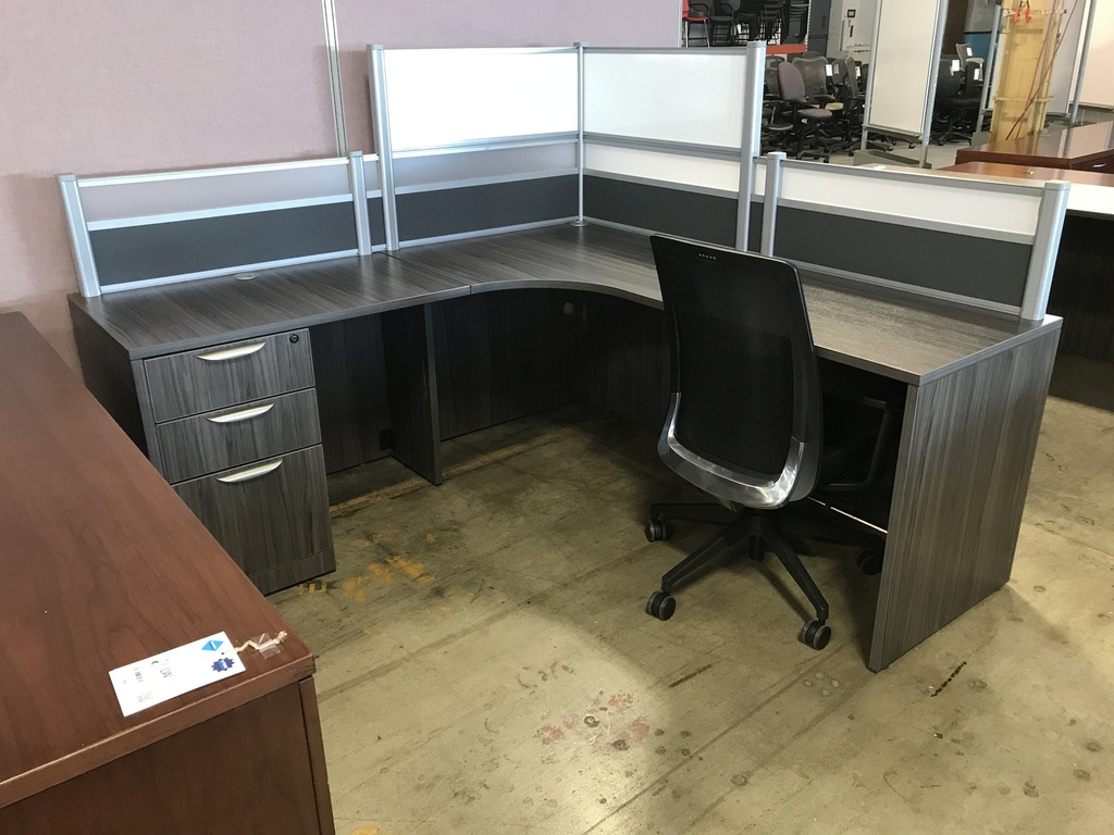 Grey Sgl ped 72"x72" LH L Desk w/ full border