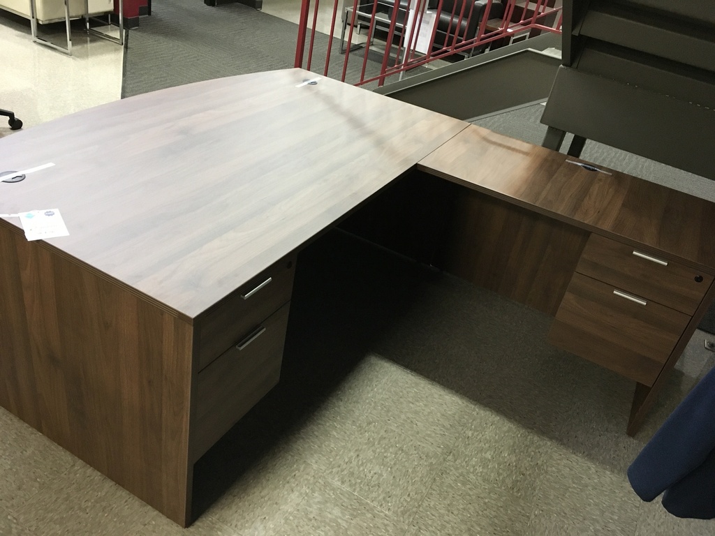 Euroline 36x71 Bow Dbl Ped L Desk RH Walnut