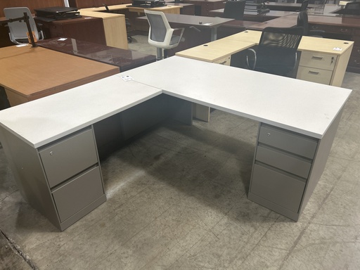 72x84 Steelcase L Shape Desk - Dbl Ped - Clay Micro 