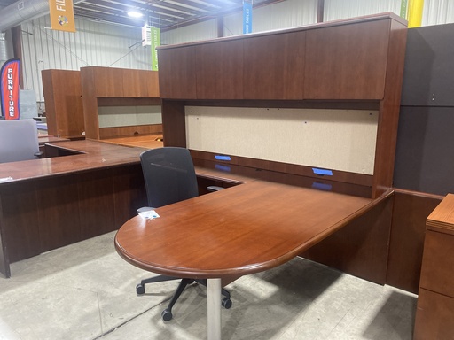 72"x84" Cherry D-Top L Shape Desk, Cherry Veneer, LH w Hutch