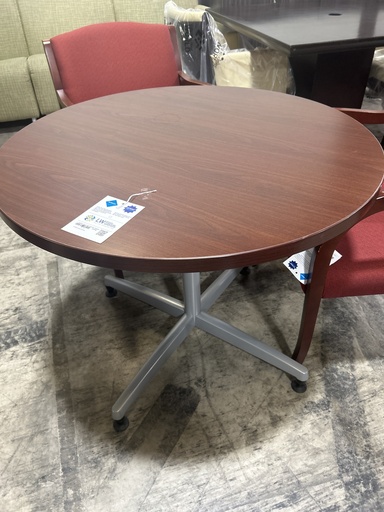 36" Round Table w/ Silver Metal Base - Mahogany 